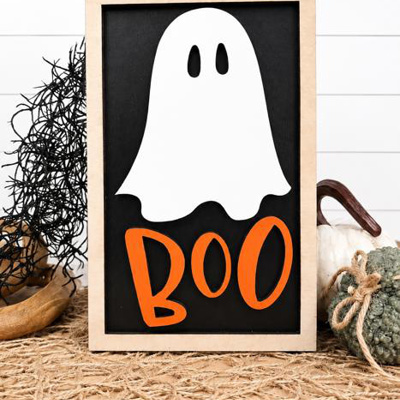 Boo ghost Halloween sign with pumpkin decor