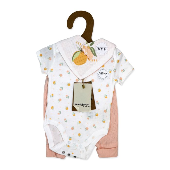 Home Grown Baby Organic Cotton  3 Piece Girls Peaches Layette Set