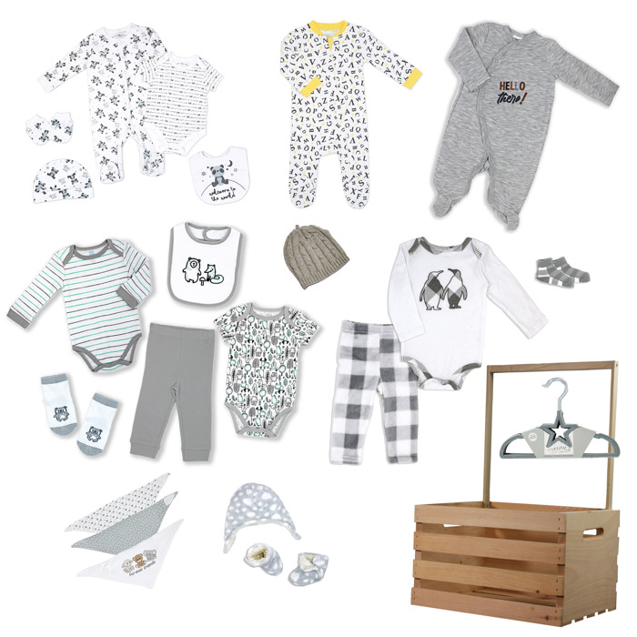 33 Piece Gender Neutral Baby Shower Wardrobe Gift Crate 