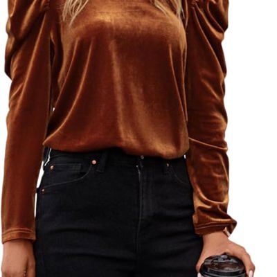 Velvet Puff Sleeve Top - A Rust Brown