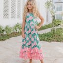 3 Tiered Green Tropical Ruffles Dress
