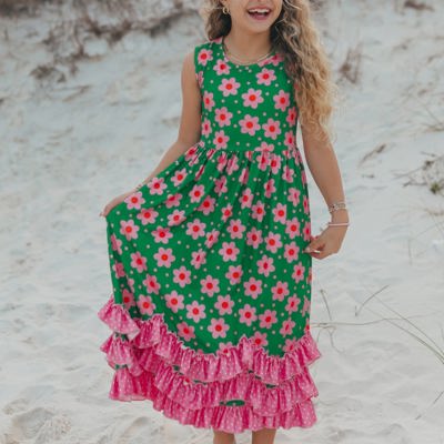Olivia 3 Ruffle Green Floral Dress