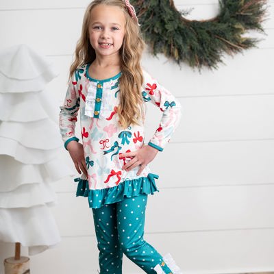 Teal Coquette Bow Dot Pant Set