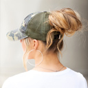 Camo Distressed Adjustable Messy Bun Caps Hat
