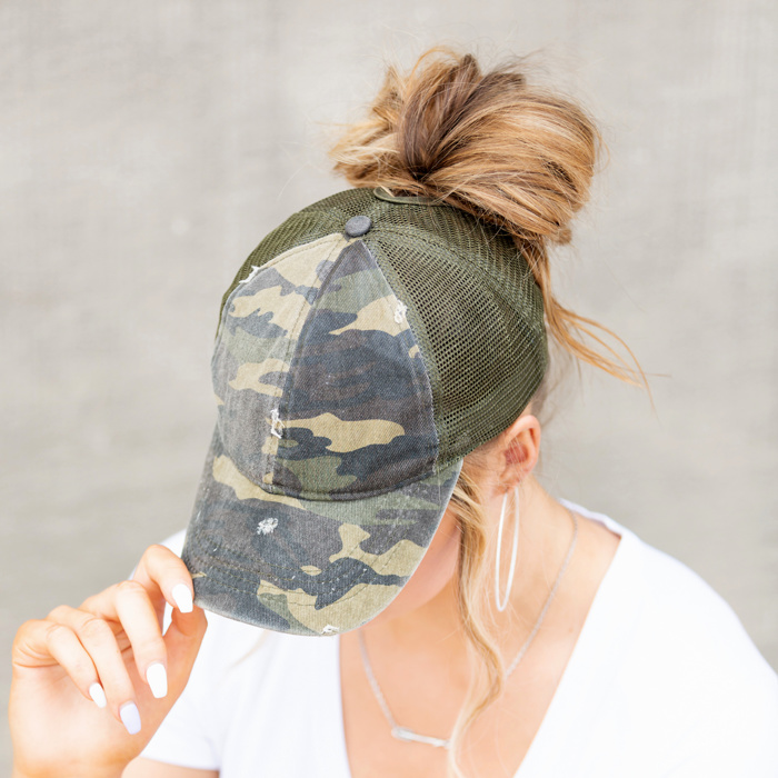 Distressed Adjustable Messy Bun Caps Hat