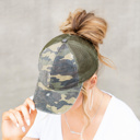 Camo Distressed Adjustable Messy Bun Caps Hat