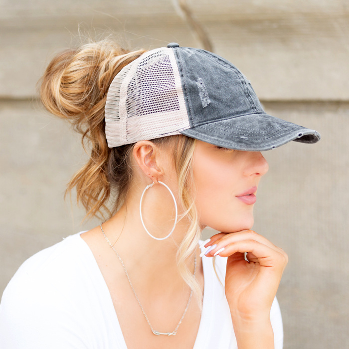 Distressed Adjustable Messy Bun Caps Hat