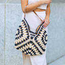 Black Multi Dahlia Woven Straw Shoulder Bag