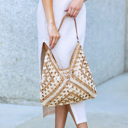 Khaki Multi Dahlia Woven Straw Shoulder Bag