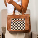 Cognac Check Jordan Mixed Media Tote