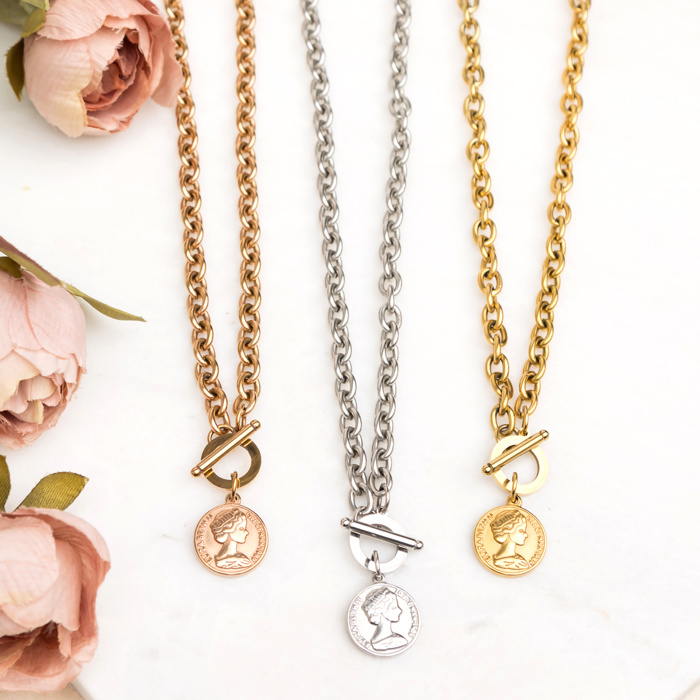18K Stainless Steel Coin Accent Necklace