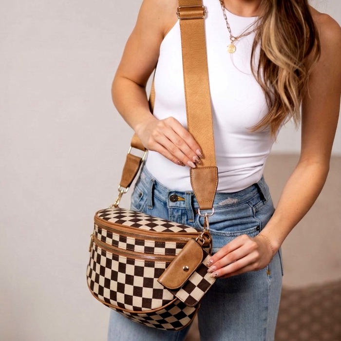 Kaylee Mixed Media Double Zip Crossbody Sling Bag