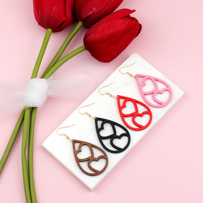 Wooden Heart Teardrop Earrings