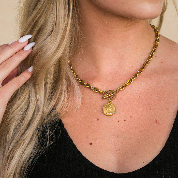 18K Stainless Steel Coin Accent Necklace