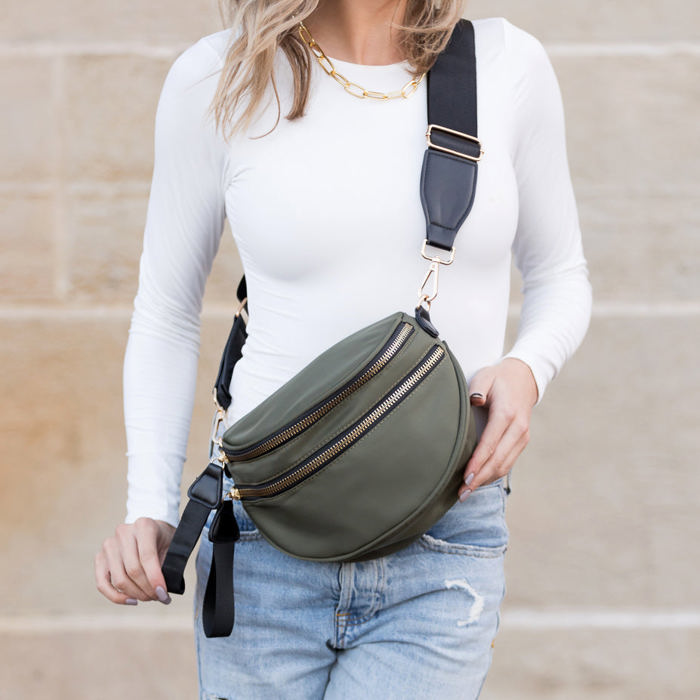 Gia Double Zip Nylon Crescent Crossbody Sling