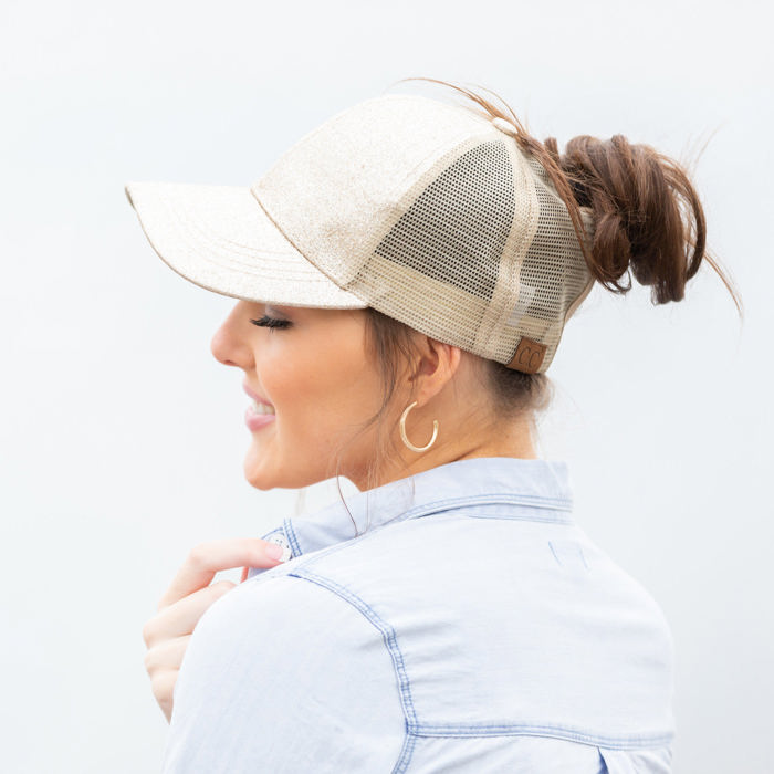 C.C� Glitter Messy Bun  Cap Hat