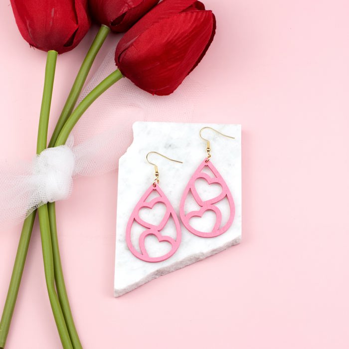 Wooden Heart Teardrop Earrings