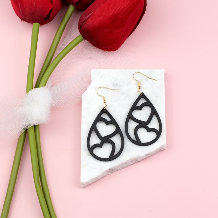 Wooden Heart Teardrop Earrings