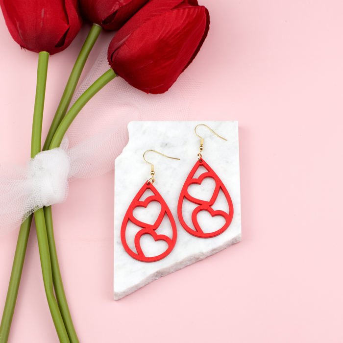 Wooden Heart Teardrop Earrings