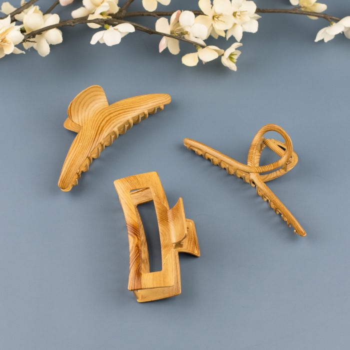 Metal Wood Grain Hair Claw - 3 Pack
