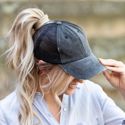 Distressed Messy Bun Cap Hat