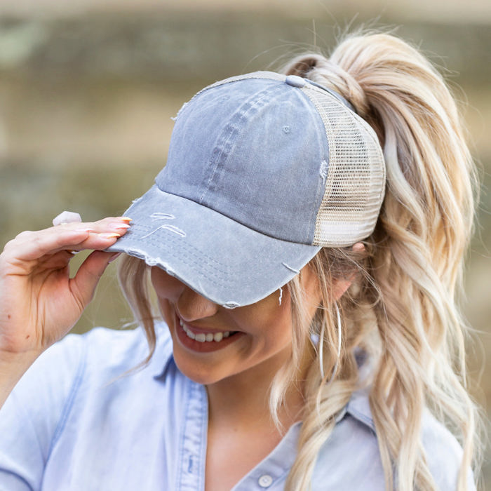 Distressed Messy Bun Cap Hat