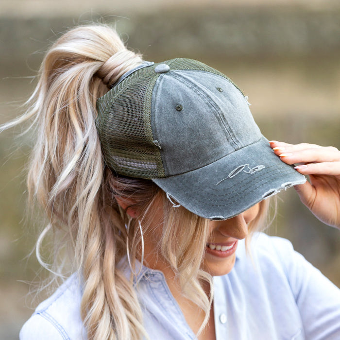 Distressed Messy Bun Cap Hat