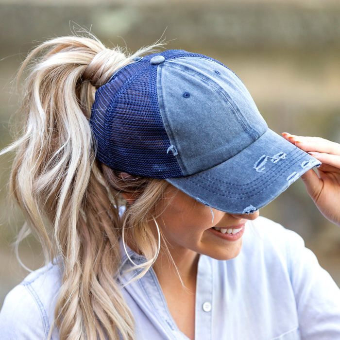 Distressed Messy Bun Cap Hat