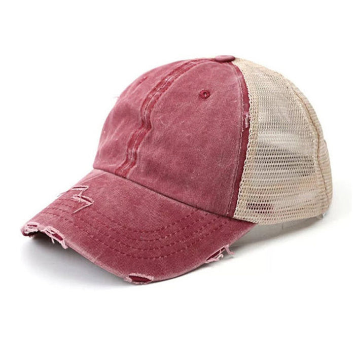 Distressed Messy Bun Cap Hat