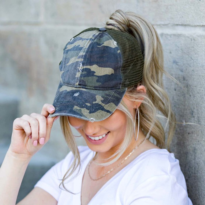Distressed Adjustable Messy Bun Caps Hat