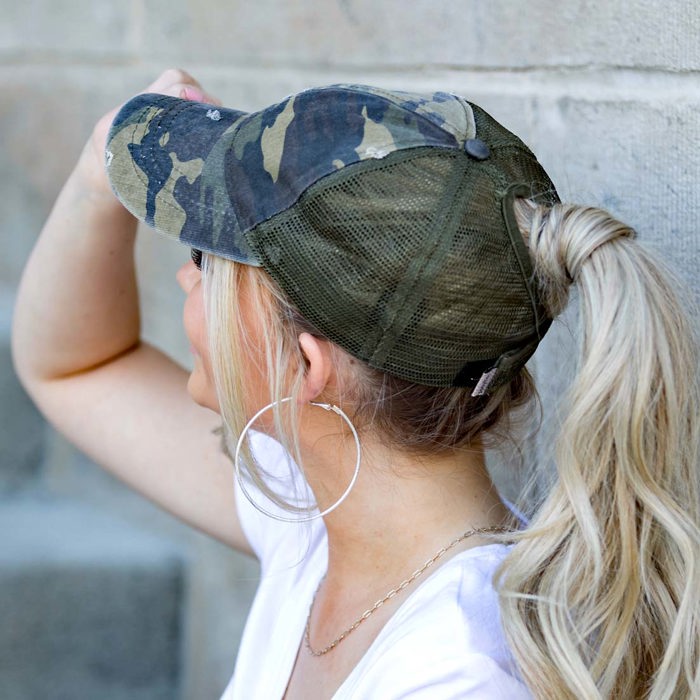 Distressed Adjustable Messy Bun Caps Hat
