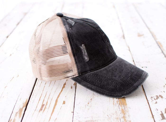 Distressed Adjustable Messy Bun Caps Hat