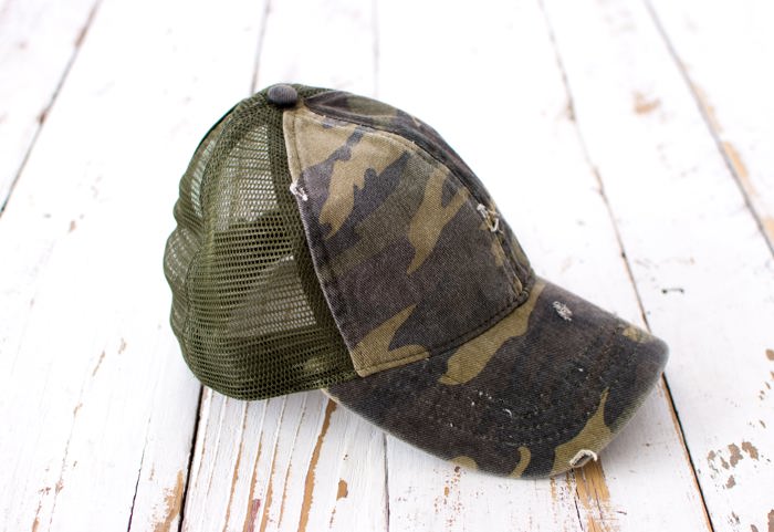Distressed Adjustable Messy Bun Caps Hat