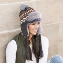Gray Fair Isle Pom Trapper Hat