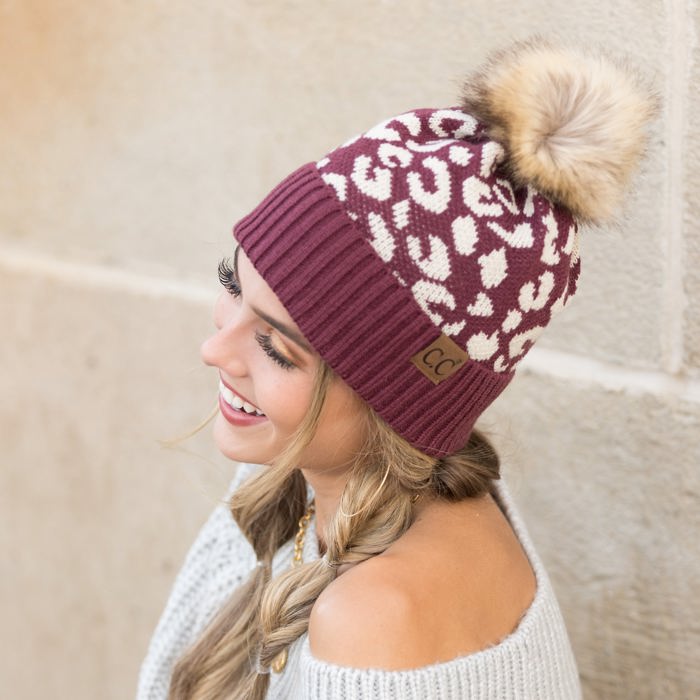 C.C� Natural Leopard Pom Beanie Hat