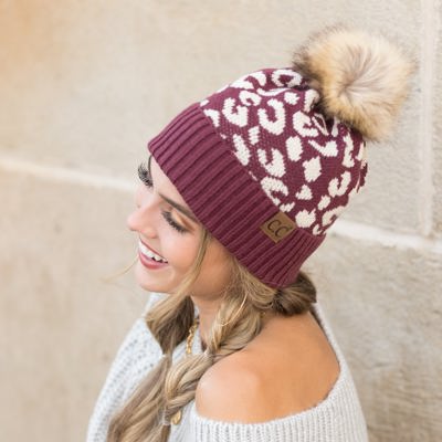 C.C� Natural Leopard Pom Beanie Hat