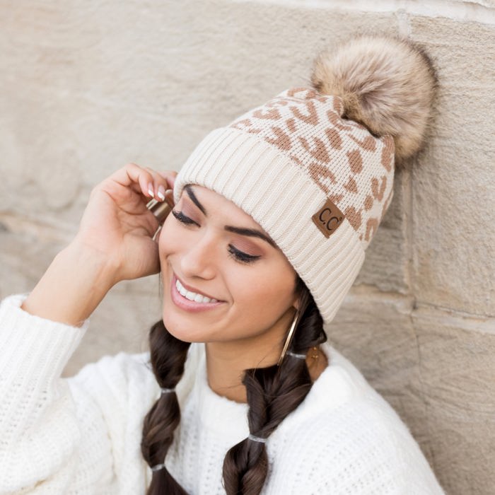 C.C� Natural Leopard Pom Beanie Hat