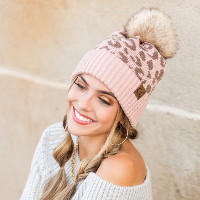 C.C� Natural Leopard Pom Beanie Hat
