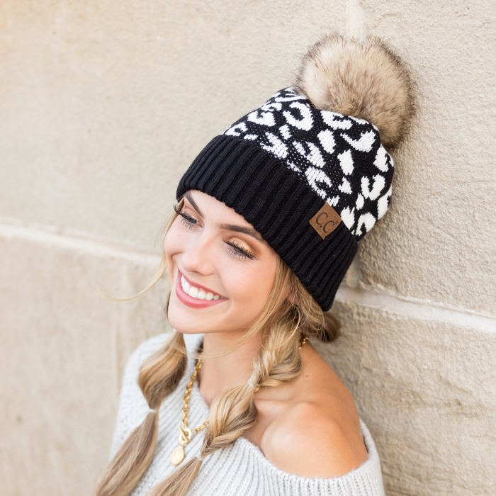 C.C� Natural Leopard Pom Beanie Hat