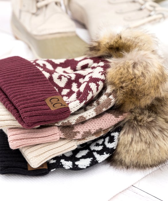 C.C� Natural Leopard Pom Beanie Hat