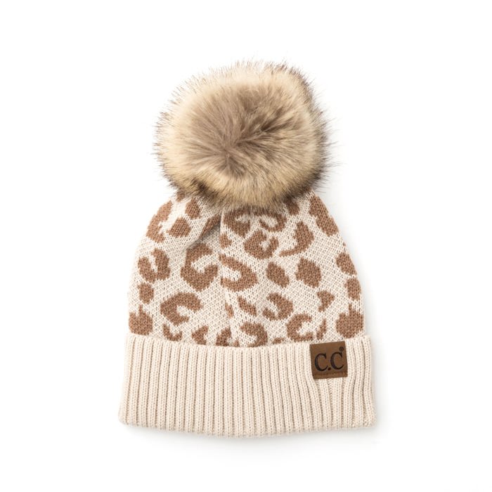 C.C� Natural Leopard Pom Beanie Hat