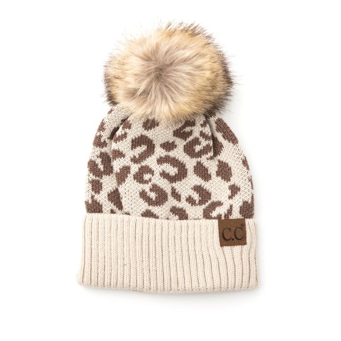 C.C� Natural Leopard Pom Beanie Hat