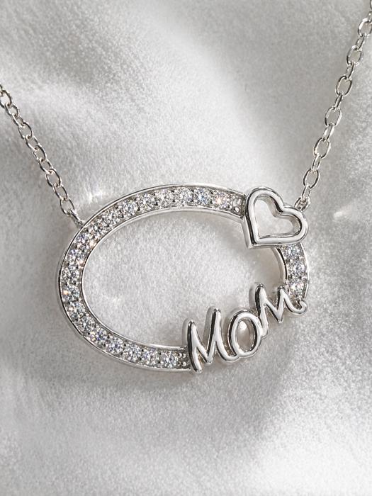 Sterling Silver Hollow CZ Oval W/ "MOM" & Heart Necklace
