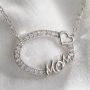  Sterling Silver Hollow CZ Oval W/ "MOM" & Heart Necklace