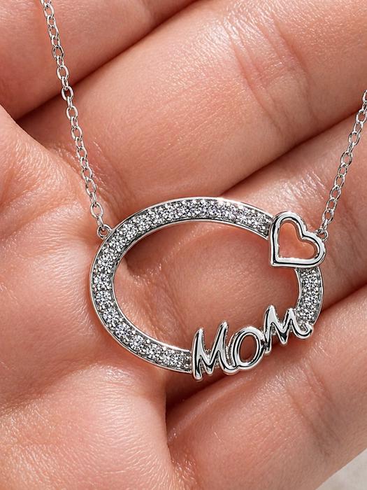 Sterling Silver Hollow CZ Oval W/ "MOM" & Heart Necklace