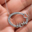  Sterling Silver Hollow CZ Oval W/ "MOM" & Heart Necklace