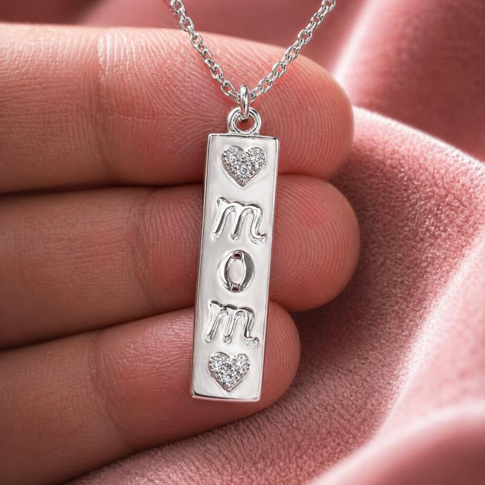 Sterling Silver Rectangle Pendant W/ Cut-Out "MOM" CZ Hearts Necklace