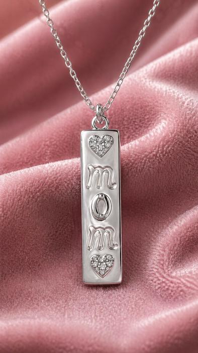 Sterling Silver Rectangle Pendant W/ Cut-Out "MOM" CZ Hearts Necklace