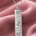  Sterling Silver Rectangle Pendant W/ Cut-Out "MOM" CZ Hearts Necklace