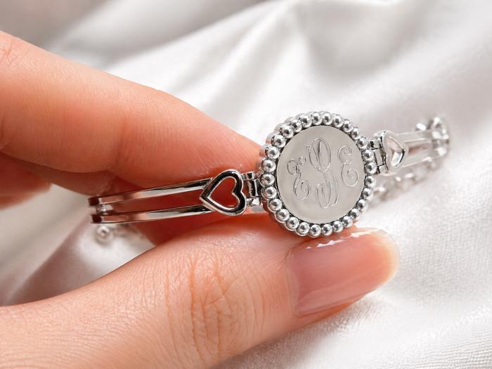 German Silver Engravable Round Pearl Princess Heart Adjustable Bangle Bracelet